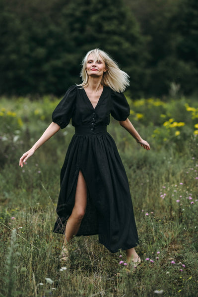 Italian Summer Country Black Linen Midi Dress