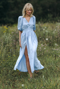Italian Summer Country Baby Blue Linen Midi Dress