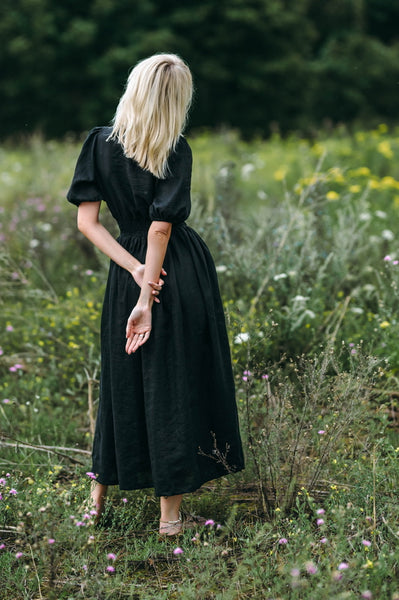Italian Summer Country Black Linen Midi Dress