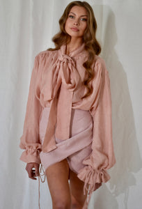 Madeira šviesiai rožinis lininis susiaučiamas mini sijonas