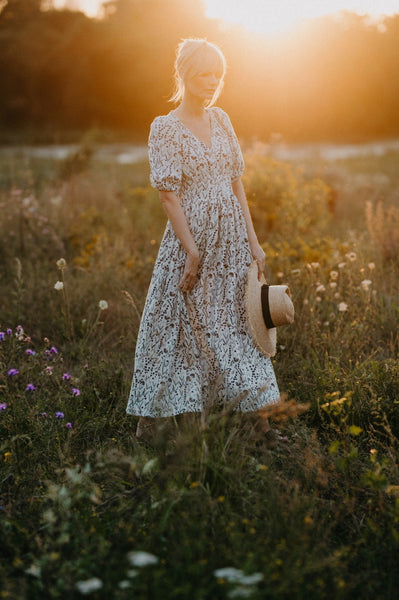 Italian Summer Country Floral Linen Midi Dress