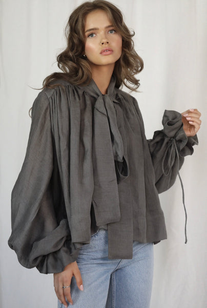 Drama Dark Grey Linen Blouse with a Bow