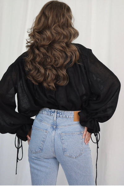 Drama Black Linen Blouse with a Bow