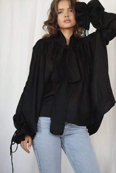 Drama Black Linen Blouse with a Bow