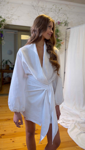 Ibiza White Linen Wrap Dress