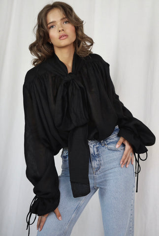 Drama Black Linen Blouse with a Bow