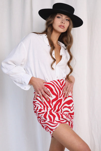 Madeira White  & Red Animal Print Linen Wrap Mini Skirt