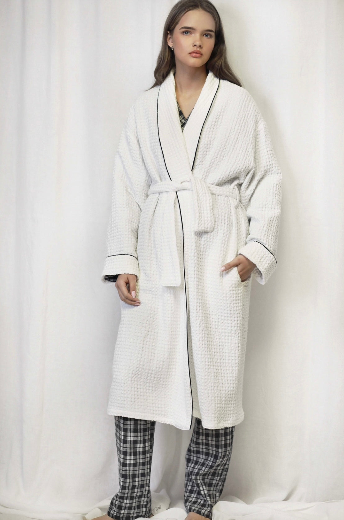 Dea White Waffle Unisex Bathrobe with Black Pipping