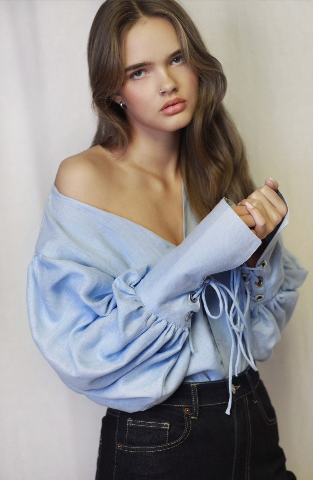 French Lover Baby Blue Linen Blouse