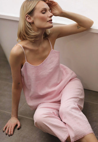 Dea Striped Pink & White Linen PJs ( capri trousers & slip on top set )