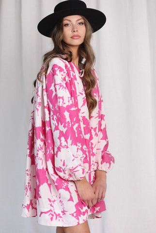 GreekWhite & Pink Print Mini Dress with Long Sleeves