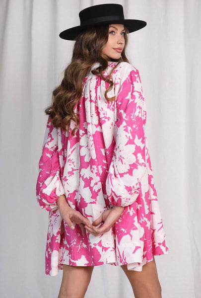 GreekWhite & Pink Print Mini Dress with Long Sleeves
