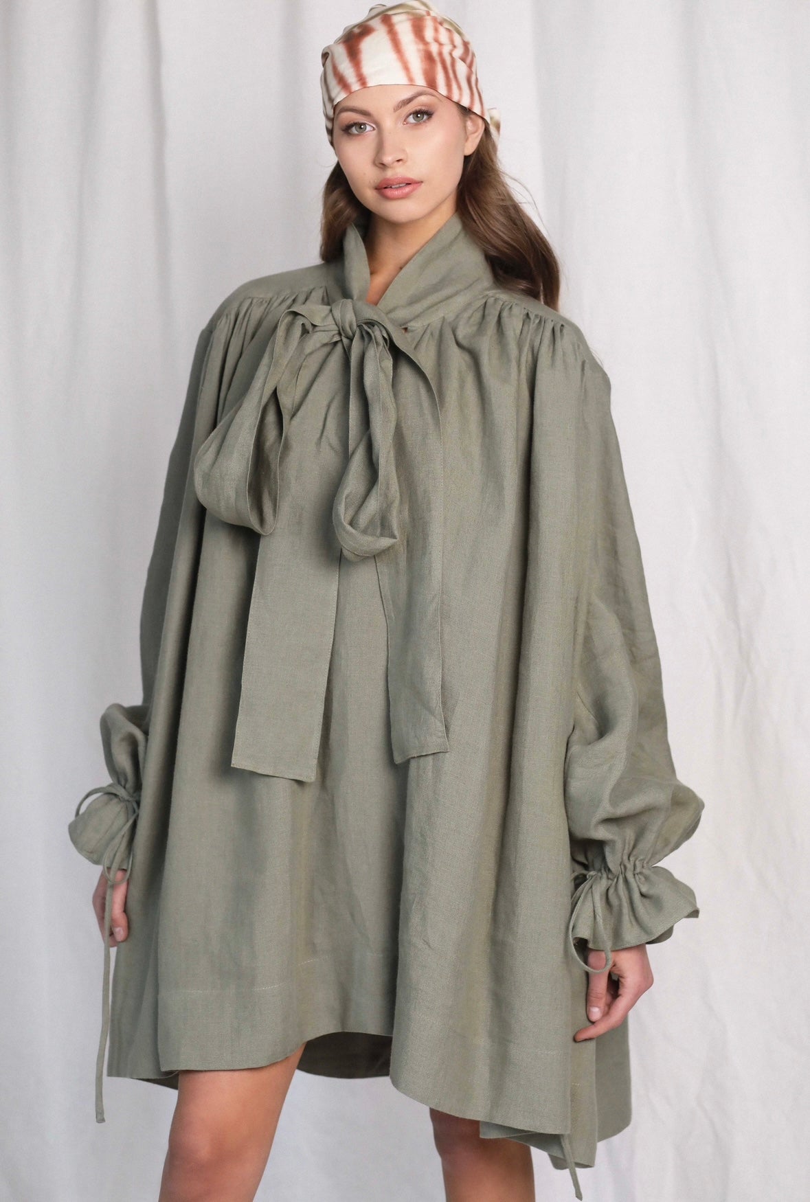 Eve Dramatic Khaki Linen Mini Dress
