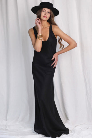 Spanish Islands Black Linen Maxi Dress