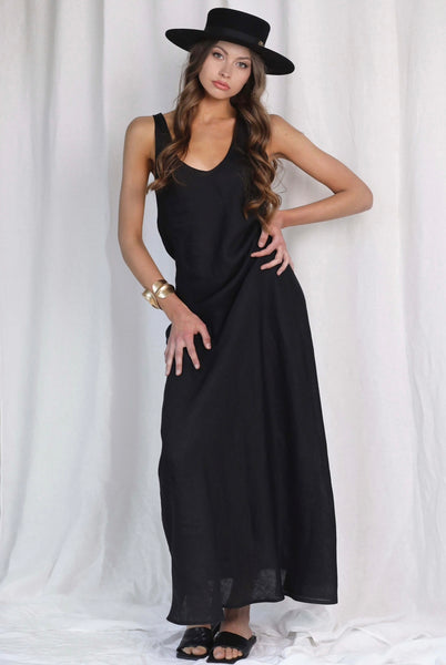 Spanish Islands Black Linen Maxi Dress