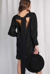 Backless Black Soft Linen Mini Dress with a Bow