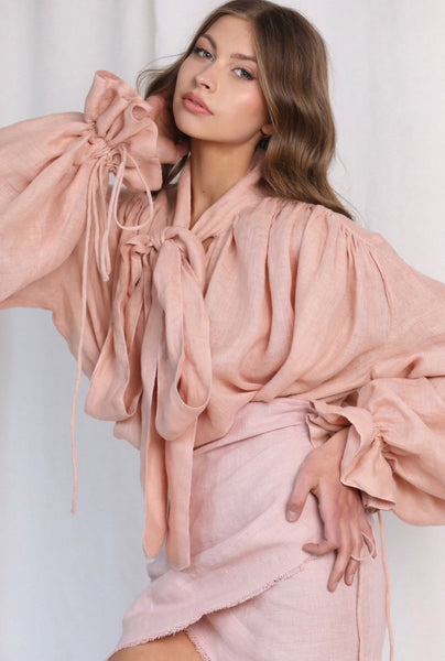 Drama Blush Pink Linen Blouse with a Bow