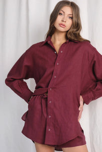 Ines Plum Linen Shirt & Shorts Set
