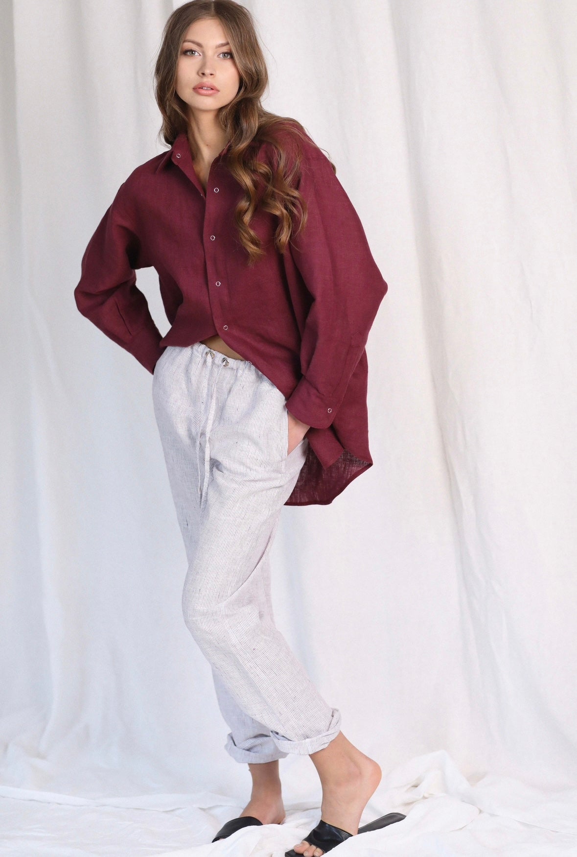 Ines Plum & White Striped Linen Trousers