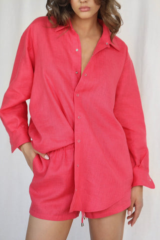 Ines Strawberry Pink Linen Shirt & Shorts Set