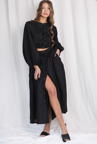 Spanish Island Black Linen Maxi Skirt & Cropped Top