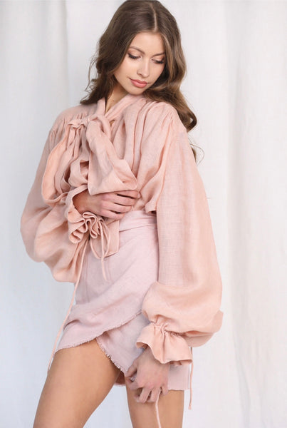 Madeira Blush Pink Linen Wrap Mini Skirt