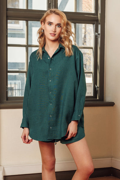 Ines Green Linen Shirt & Shorts Set