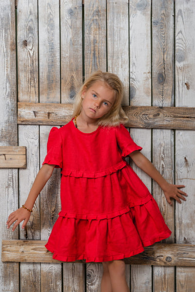 Fire Red Mini Loulou Linen Dress for Girls