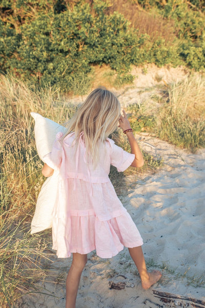 Vaikiška rožinė lininė mini Loulou suknelė mergaitėms