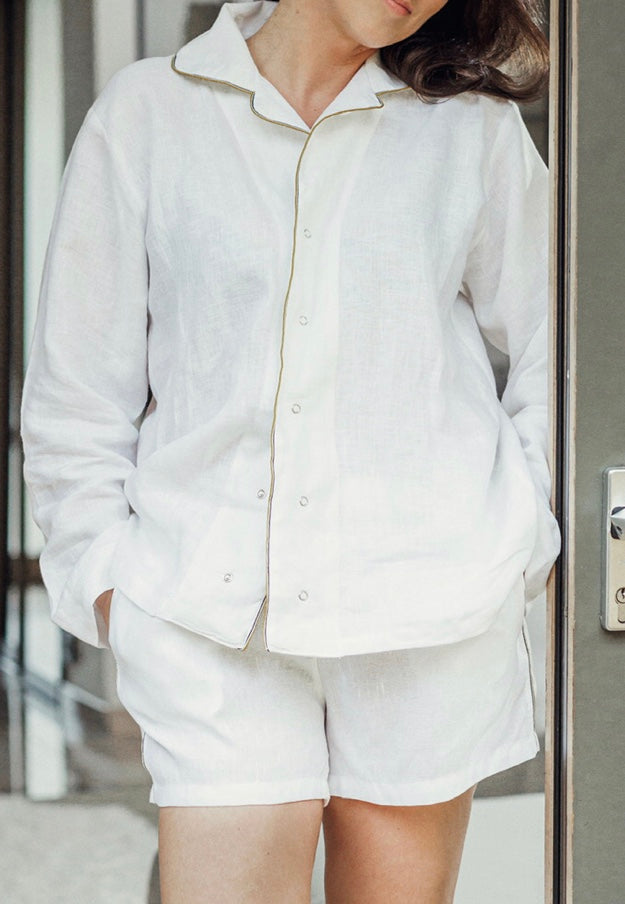 Selene White Linen Winter Pajamas ( Shorts Set )