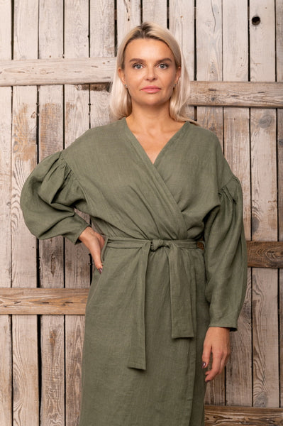 Khaki Soft Linen Midi Length Wrap Dress