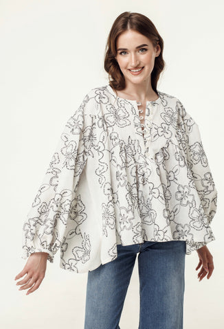 Greek White Linen Blouse with Black Embroidered Flowers