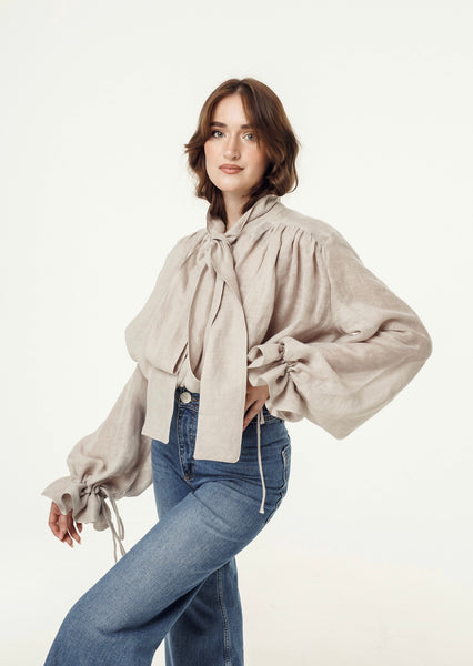 Drama Nude Linen Blouse with a Bow
