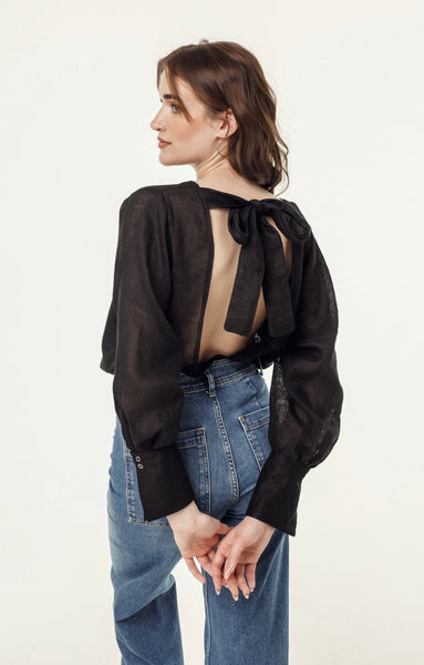 Backless Black Soft Linen Blouse with a Bow