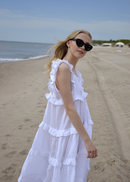 Loulou White Soft Linen Ruffle Midi Dress