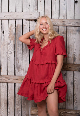 Loulou Fire Red Linen Mini Dress with Ruffles