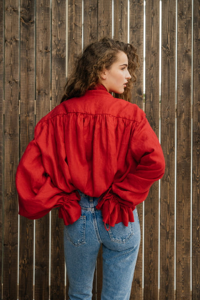 Drama Red Linen Blouse with a Bow