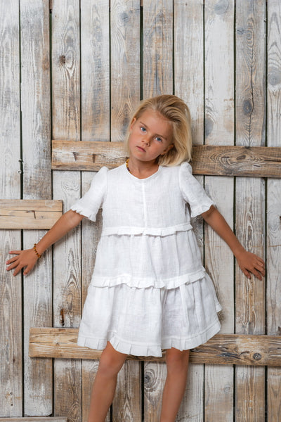 White Linen Mini Loulou Girls Dress for Girls