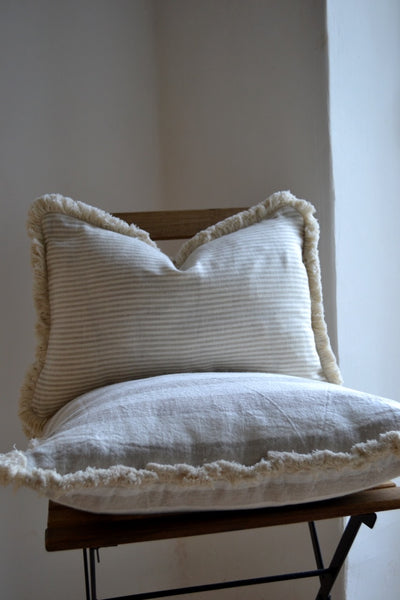 Ostuni Thin Striped Nude & White Linen Pillow Cover with Fringe