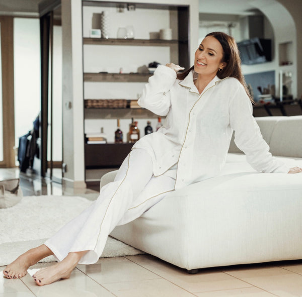 Selene White Linen Winter Pajamas ( Trousers Set )