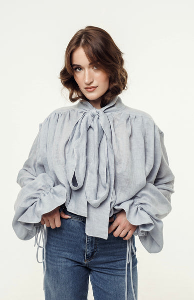 Drama Ash Baby Blue Linen Blouse with a Bow
