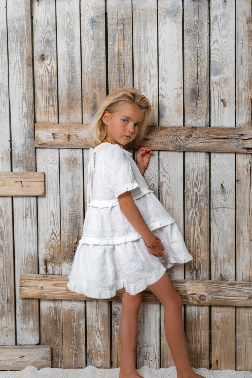 White Linen Mini Loulou Girls Dress for Girls