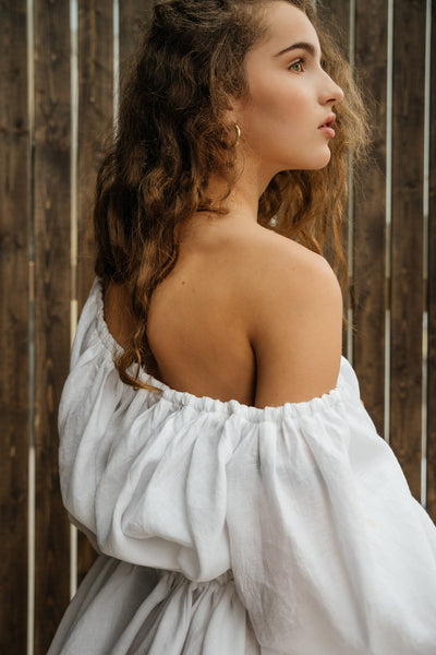 Lininė balta suknelė off shoulder ( daugiau spalvų )