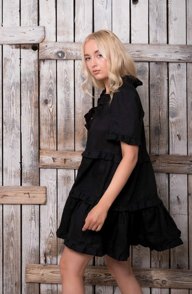 Loulou Black Linen Dress with Ruffles