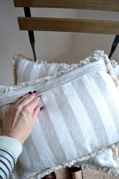 Ostuni Wide Stripe Nude & White Linen Cushion Cover with Fringe