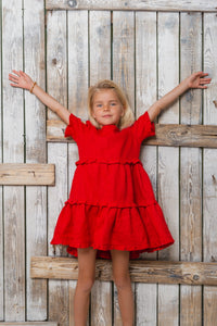 Fire Red Mini Loulou Linen Dress for Girls