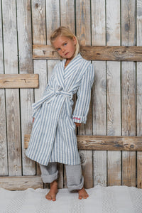 Striped Blue and White Linen Bathrobe for Girls and Boys