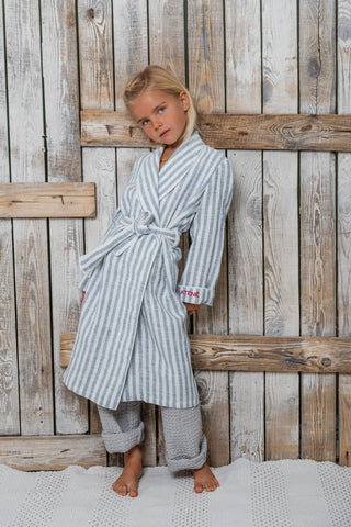 Striped Blue and White Linen Bathrobe for Girls and Boys