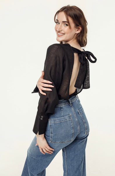 Backless Black Soft Linen Blouse with a Bow