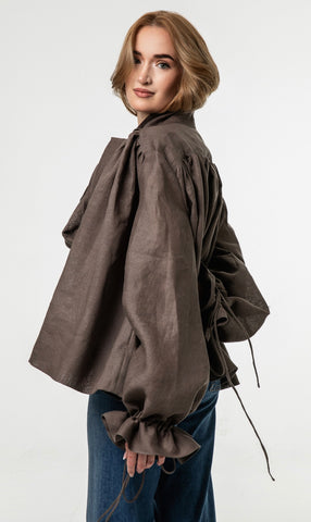 Dramatic Cacao Linen Blouse With a Bow